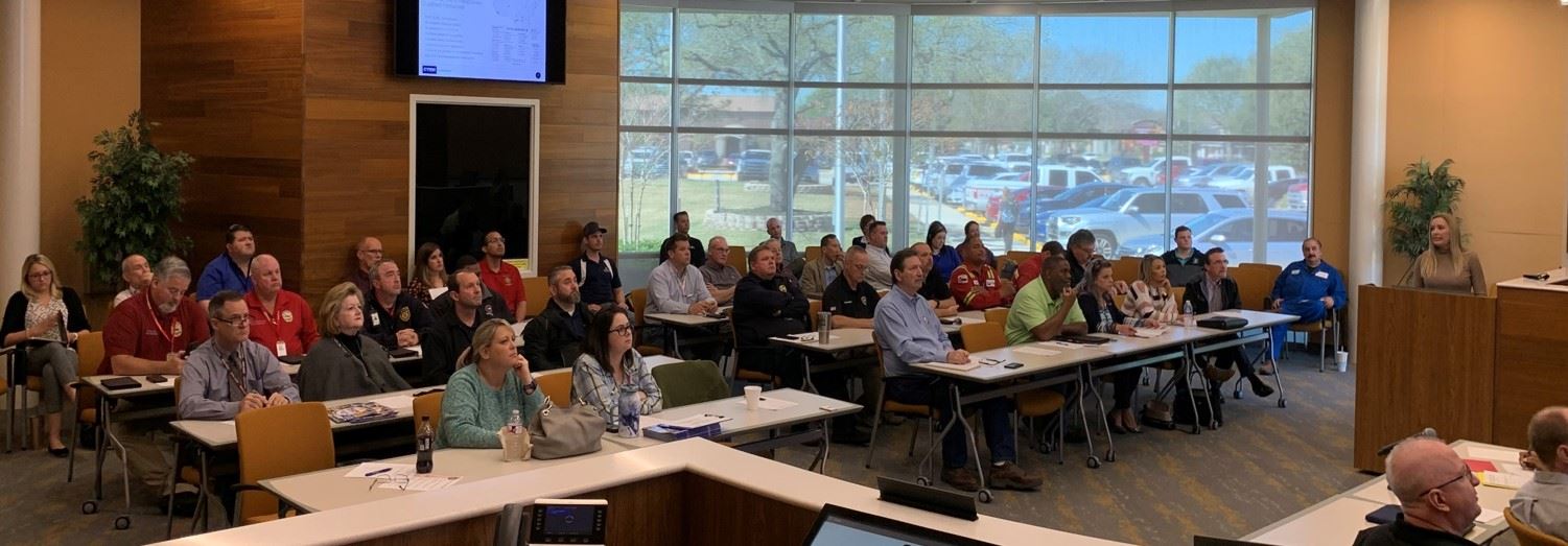 Picture of a group of people seating at tables in a council room