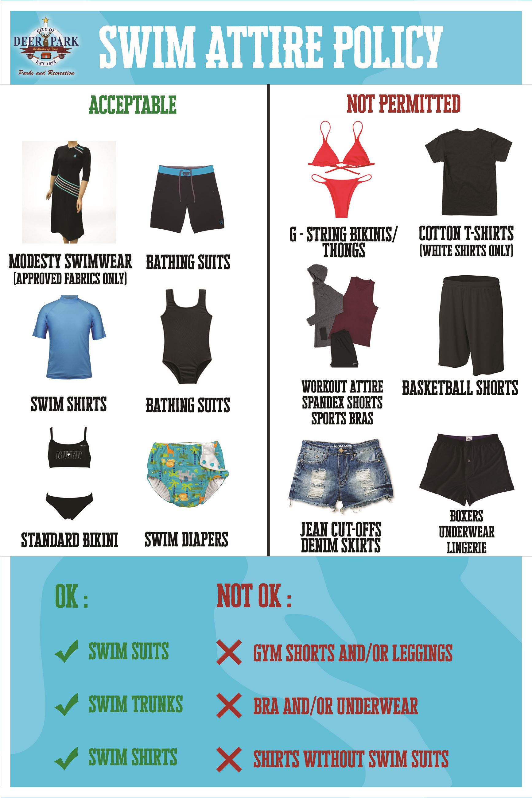 Swim Attire policy graphic with text saying swim suits, swim trunks, and swim shirts are approved pool attire.